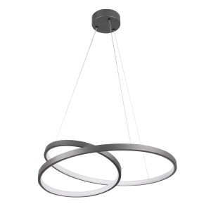 Nowoczesna lampa wisząca LED z trzema splecionymi pierścieniami w kolorze szarym.