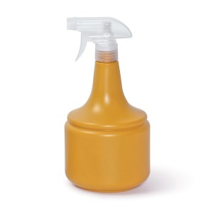 Żółty spryskiwacz do kwiatów z przezroczystą głowicą rozpylającą.