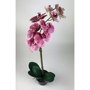 Dekoracyjna sztuczna roślina: Orchidea z różowo-białymi nakrapianymi kwiatami w doniczce.