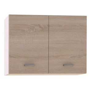 Szafka wisząca z serii mebli kuchennych t.b.t. z dwoma drzwiami w kolorze drewna i srebrnymi uchwytami.