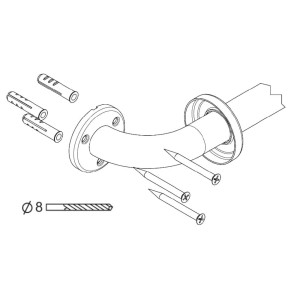 Ilustracja uchwytu łazienkowego ze śrubami, kołkami i wiertłem.