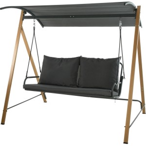 Szara huśtawka ogrodowa z daszkiem i poduszkami. Relaks w ogrodzie.