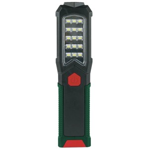 Czarna ręczna latarka LED z zielonym uchwytem do sklepu internetowego OBI.