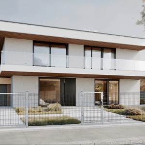 Szary metalowy element ogrodzenia przed nowoczesnym domem. Ogrodzenie do ogrodu.