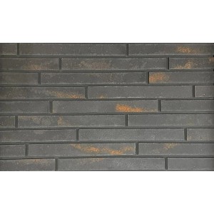 Dekoracyjna okładzina ścienna z szarych płytek klinkierowych z efektem rdzy.