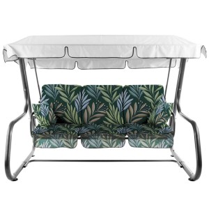 Huśtawka ogrodowa we wzór liści, z białym daszkiem i czarną ramą.