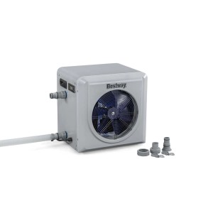 Pompa ciepła do basenu Bestway, szara obudowa z wentylatorem i akcesoriami.