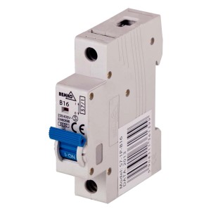 Wyłącznik nadprądowy Bemko z niebieskim przełącznikiem w pozycji I-ON.