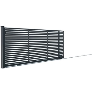 Czarny panel ogrodzeniowy metalowy t.b.t. z poziomymi listwami.