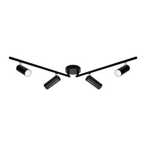 Czarna lampa sufitowa LED z czterema reflektorami, idealna jako listwa świetlna LED.