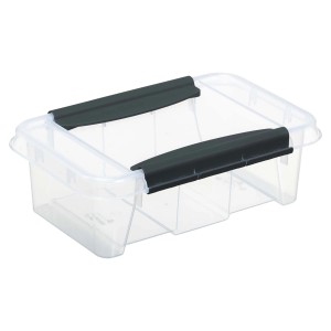 Przezroczysty pojemnik do przechowywania t.b.t. z czarnymi uchwytami.