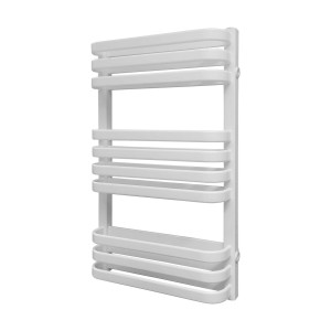 Biały grzejnik t.b.t. z poziomymi żeberkami grzewczymi.