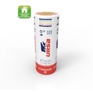 Rolka wełny mineralnej t.b.t. firmy Ursa, zapakowana w białą folię z czerwonym obramowaniem.