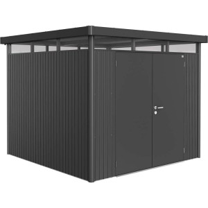 Metalowy domek narzędziowy Biohort HighLine, ciemnoszary metalik, 6,6 m² z podwójnymi drzwiami.