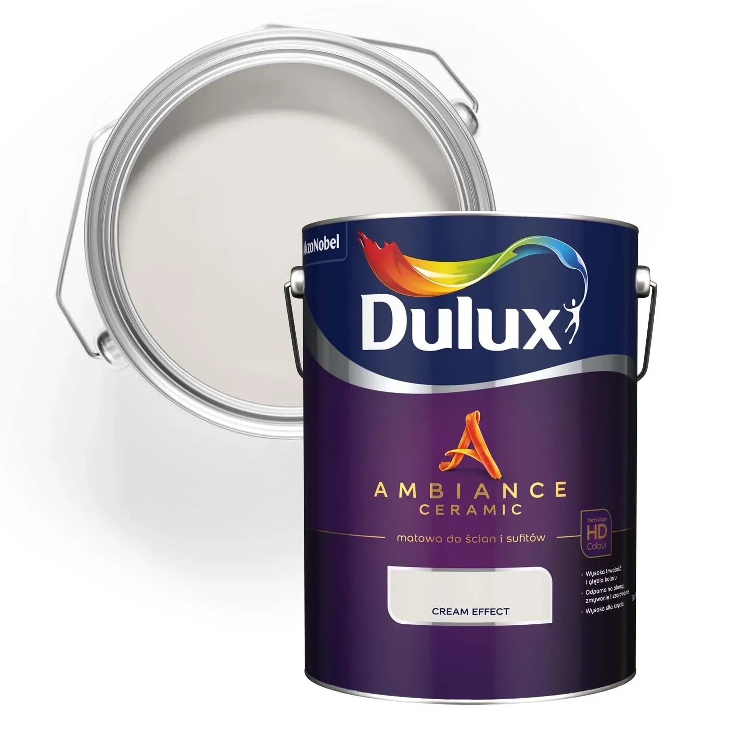 Wiadro z kremową farbą do ścian Dulux, odpowiednie do ścian i sufitów.