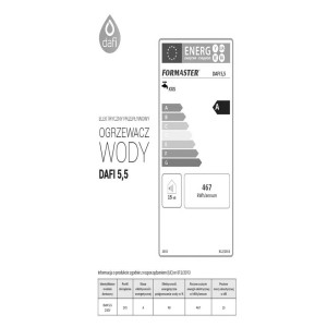 Etykieta energetyczna przepływowego ogrzewacza wody Dafi 5.5, klasa efektywności energetycznej A.