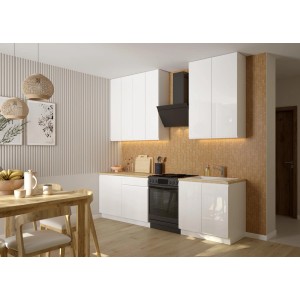 Nowoczesna kuchnia z białymi szafkami, czarną kuchenką i okapem. Zestaw mebli kuchennych.