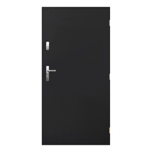 Czarne drzwi zewnętrzne z srebrną klamką.