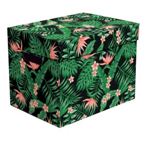 Ozdobne pudełko kartonowe z tropikalnym wzorem liści i kwiatów.