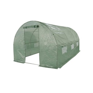 Zielony tunel foliowy t.b.t. z oknem i drzwiami do ogrodu.