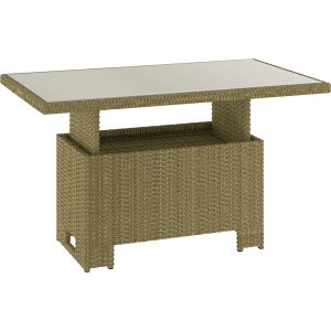 Rattanowy stół ogrodowy ze szklanym blatem do użytku na zewnątrz.