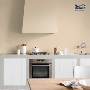 Beżowa ściana w kuchni pomalowana farbą t.b.t. Farba do łazienki.