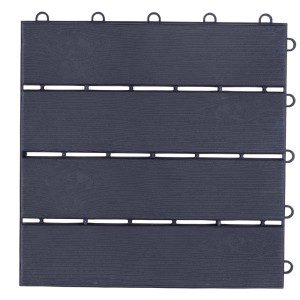 Ciemnoszara płytka podestowa t.b.t. z teksturą drewna i systemem zatrzaskowym.