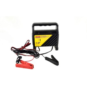 Prostownik do akumulatorów samochodowych z kablem i klemami.