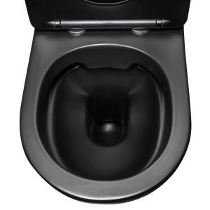 Czarna miska wisząca WC (t.b.t.) z deską, widok z góry.