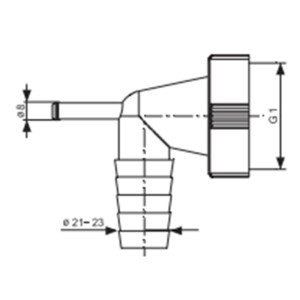 Rysunek techniczny adaptera z przyłączem węża i gwintem.