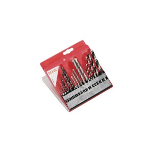 16-częściowy zestaw wierteł do drewna, kamienia i metalu w plastikowym etui.