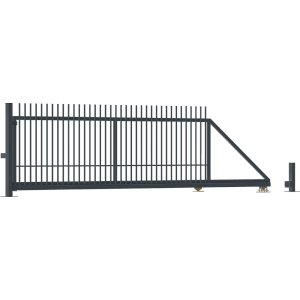 Metalowa brama przesuwna, widok z boku. Idealna do nowoczesnych ogrodzeń metalowych.