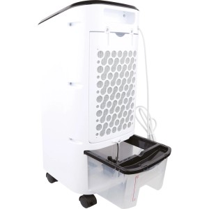 Biały, mobilny klimatyzator t.b.t. z zbiornikiem na wodę i kółkami, widok z tyłu.