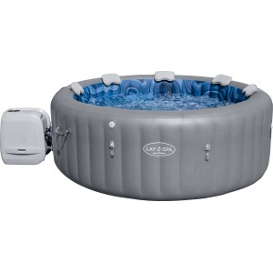 Szary, okrągły Lay-Z-Spa z hydromasażem, z niebieskim wnętrzem i panelem sterowania.