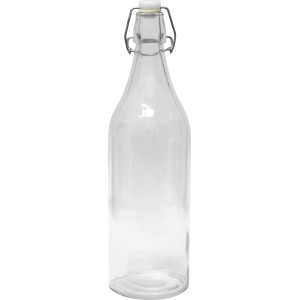 Przezroczysta szklana butelka z zamknięciem pałąkowym na wino i inne napoje.