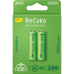 GP ReCyko akumulatory AA, 2 sztuki, 2500 mAh, w zielonym opakowaniu.