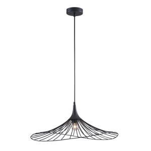 Czarna lampa wisząca t.b.t. z filigranowym kloszem z metalowego drutu.