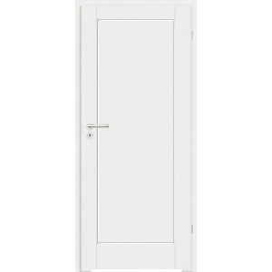 Białe drzwi wewnętrzne t.b.t. o prostym designie z srebrną klamką.