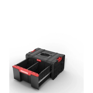 Qbrick System PRO skrzynka narzędziowa z szufladą, otwarta szuflada z przegródkami, czerwono-czarny design.