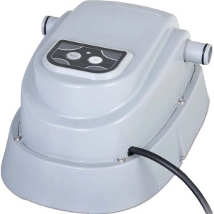 Podgrzewacz do basenu Bestway, szara obudowa z przyłączami i panelem sterowania.