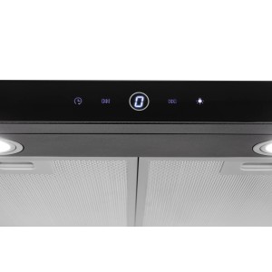 Zbliżenie czarnego, płaskiego okapu z wyświetlaczem cyfrowym.