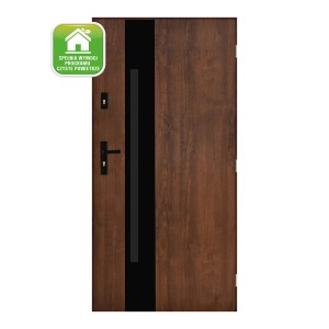 Brązowe drzwi zewnętrzne z czarnym akcentem i klamką.