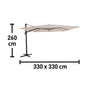 Beżowy parasol na wysięgniku t.b.t., 330x330 cm, z wymiarami wysokości i szerokości.