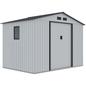 Szara metalowa szopa ogrodowa z oknem i drzwiami. Kategoria: Metalowe szopy ogrodowe.