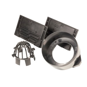 Zestaw do odwadniania liniowego: odpływ, kosz na liście i dwie zaślepki.