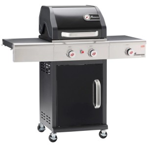 Grill gazowy Landmann Triton maxX z 2 palnikami, szerokość 121 cm, z czarną szafką dolną.