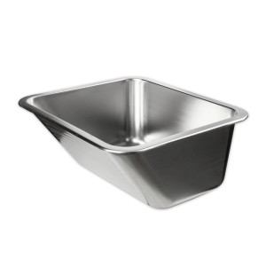 Prostokątny zlew ze stali nierdzewnej, błyszczące wykończenie.
