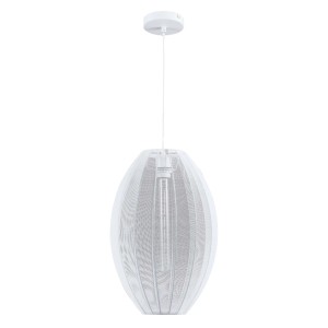 Biała lampa wisząca t.b.t. z owalnym kloszem i widoczną żarówką.