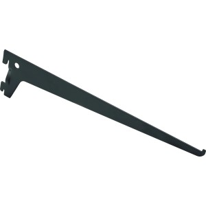 Czarny metalowy wspornik kątowy, 30 cm, do zawieszania półki w szafie.
