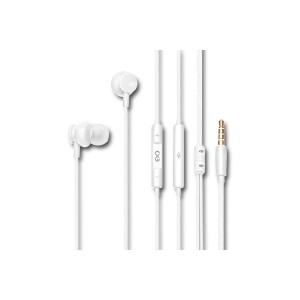 Białe słuchawki t.b.t. z kablem i elementami sterującymi.